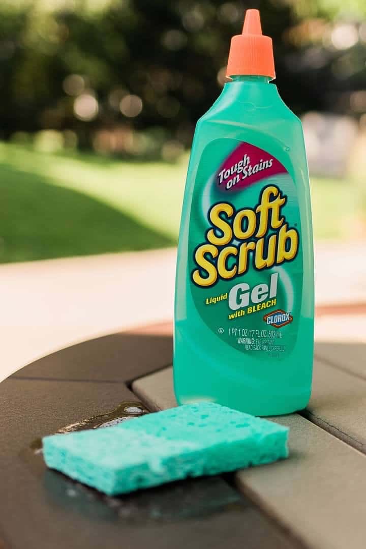 If you need to disinfect your furniture, Deb recommends Softscrub with bleach. Put on some gloves, apply with a sponge, let it sit for a few minutes and then rinse off. Don’t worry! When used correctly, bleach will not discolor our furniture - HDPE is non-porous. However, you do need to make sure you thoroughly rinse off the Softscrub with Bleach because if you do not get it all rinsed off, you run the risk of bleaching your clothing if you should sit on it. If I have people coming over, or my table has bird droppings on it, I reach for the Softscrub with bleach. If you don’t have Softscrub with bleach, you can always follow the water dilution directions on the back of your household bleach container and apply, let rest, and rinse off.