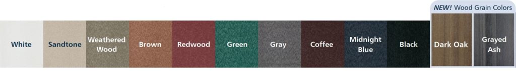 White, Sandtone Weathered Wood, Brown, Redwood, Green, Gray, Coffee, Midnight Blue, Black, Dark Oak, and Grayed Ash color swatches