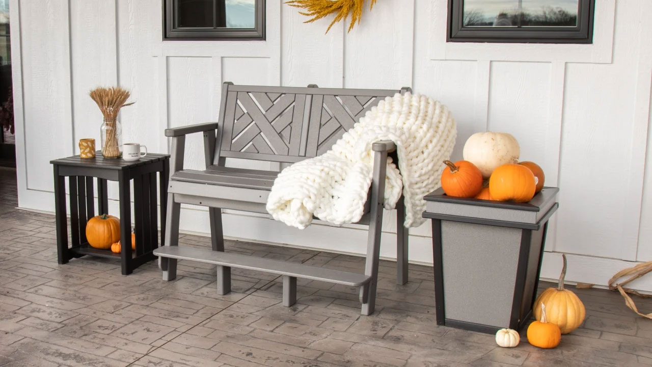 By the Yard HDPE bench and accessories decorated for autumn