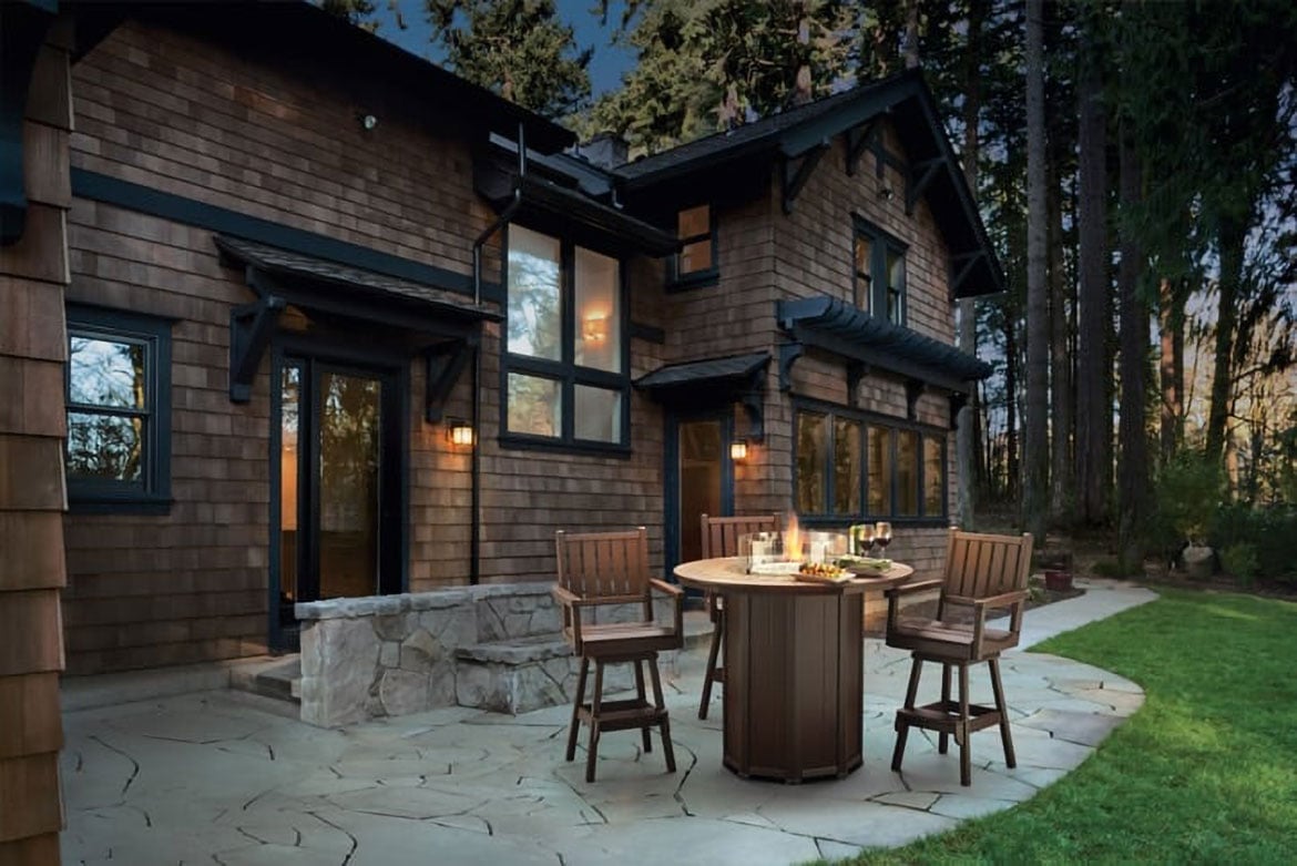 by the yard fire table and chairs