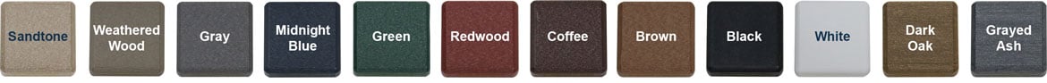 sandtone, weathered wood, gray, midnight blue, green, redwood, coffee, brown, black, white, dark oak, grayed ash